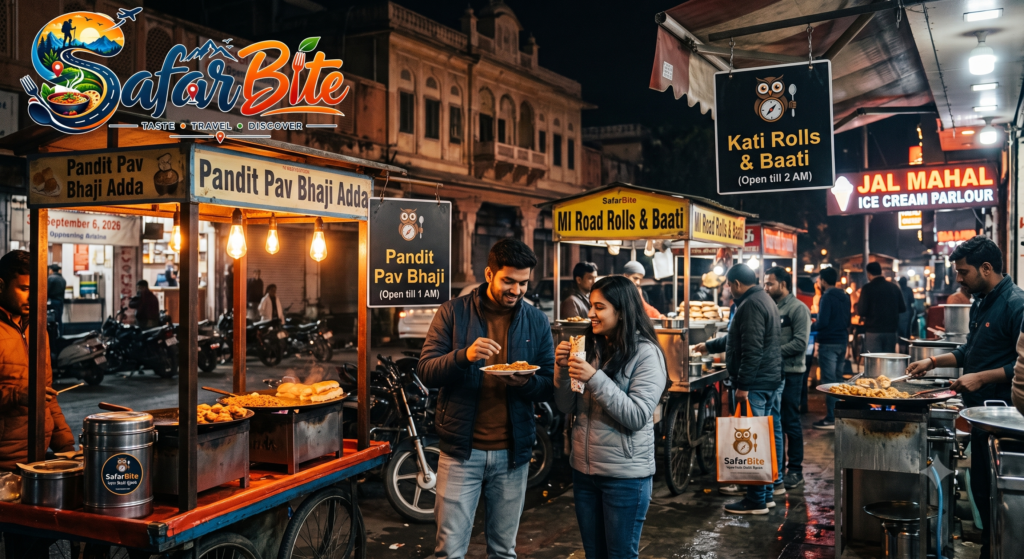 The Night Owl’s Guide to Jaipur: 5 Late-Night Food Addas Open Past 11 PM Couple enjoying late-night street food at Pandit Pav Bhaji and MI Road stalls in Jaipur with SafarBite logo