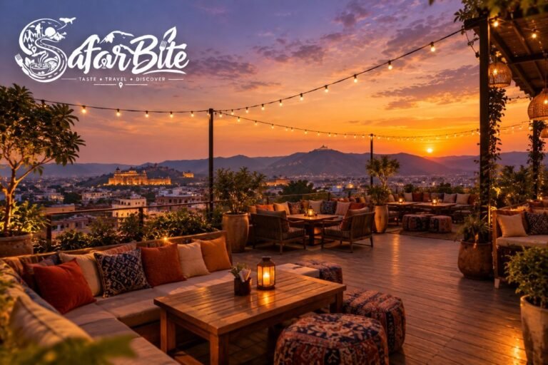 Open air sunset rooftop deck with fairy lights and city view in Jaipur