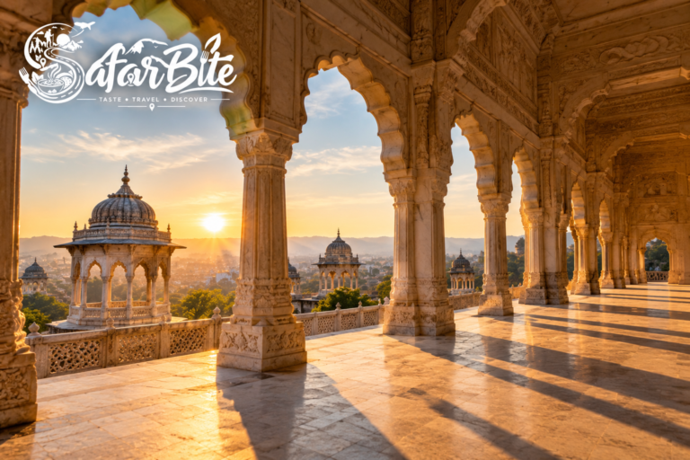 Carved marble cenotaph arches and domes at Gaitore Ki Chhatriyan in Jaipur