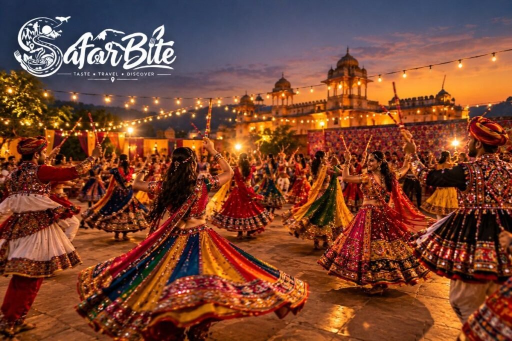 Navratri & Garba Nights in Jaipur 2026: Passes, Best Venues & Post-Dandiya Food Hubs Crowd dancing Garba and Dandiya in traditional colorful outfits in Jaipur