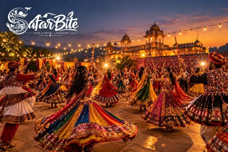 Navratri & Garba Nights in Jaipur 2026: Passes, Best Venues & Post-Dandiya Food Hubs Crowd dancing Garba and Dandiya in traditional colorful outfits in Jaipur