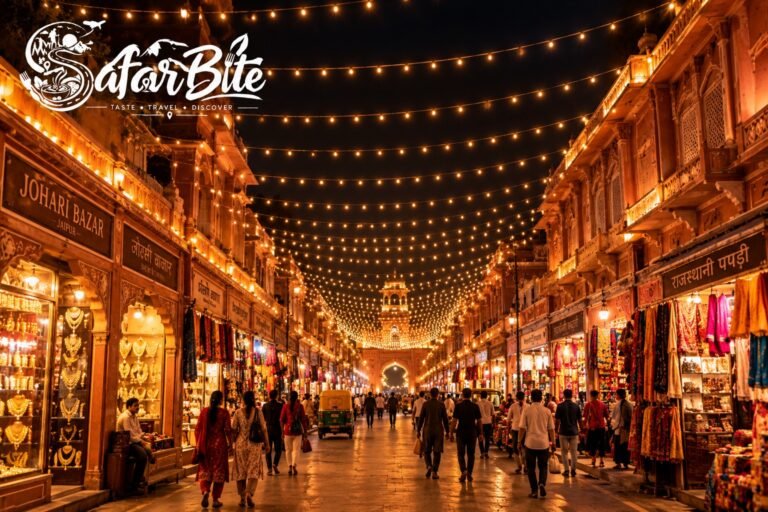 Jaipur Diwali Lighting Tour: The Exact Route to See Walled City Illuminations Without Gridlock Illuminated street canopy of Diwali lights across Johari Bazaar in Jaipur Walled City
